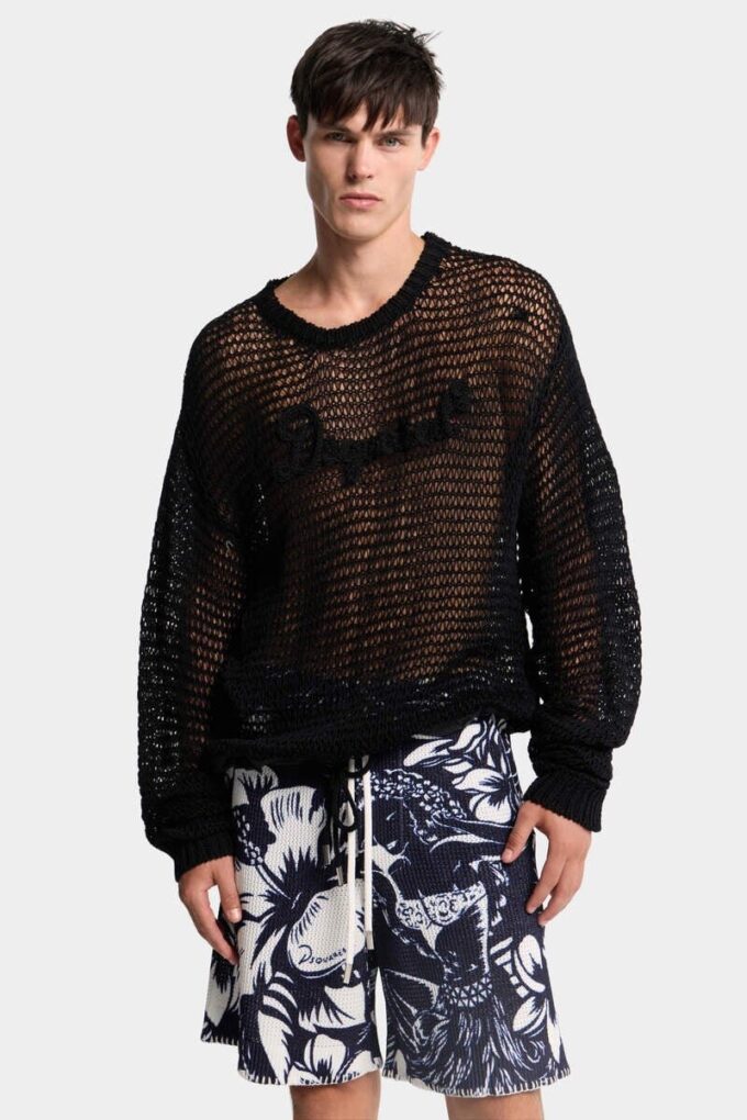 Charakterystyczny sweter z ażurowym wzorem marki Dsquared2
